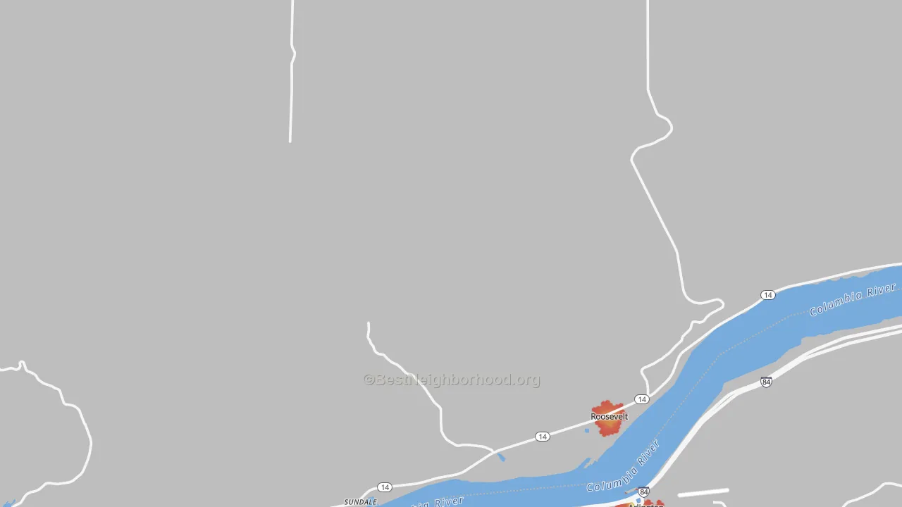 Walk Grade map of Roosevelt, WA, walkable areas in green and car-dependent areas in red