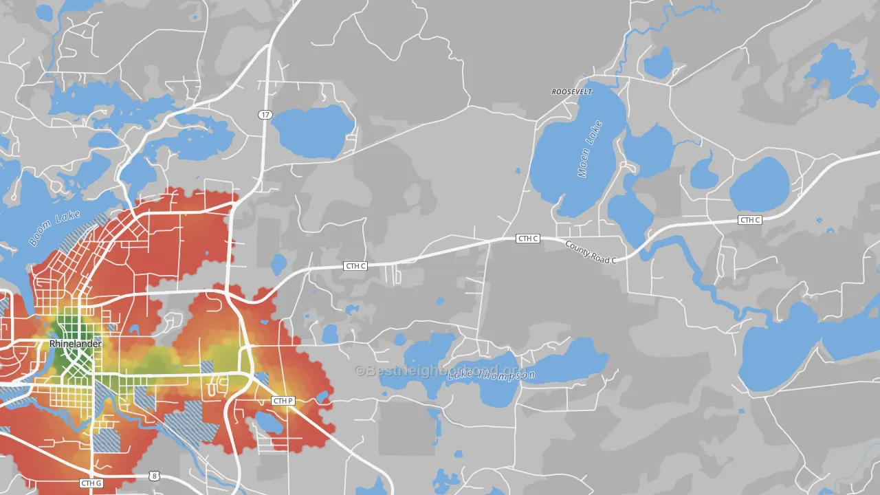 Walk Grade map of Roosevelt, WI, walkable areas in green and car-dependent areas in red