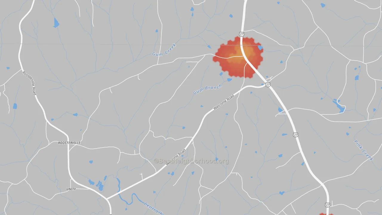 Walk Grade map of Roosterville, GA, walkable areas in green and car-dependent areas in red