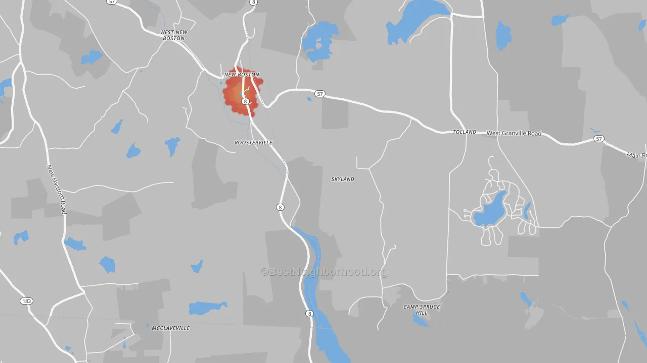 Walk Grade map of Roosterville, MA, walkable areas in green and car-dependent areas in red