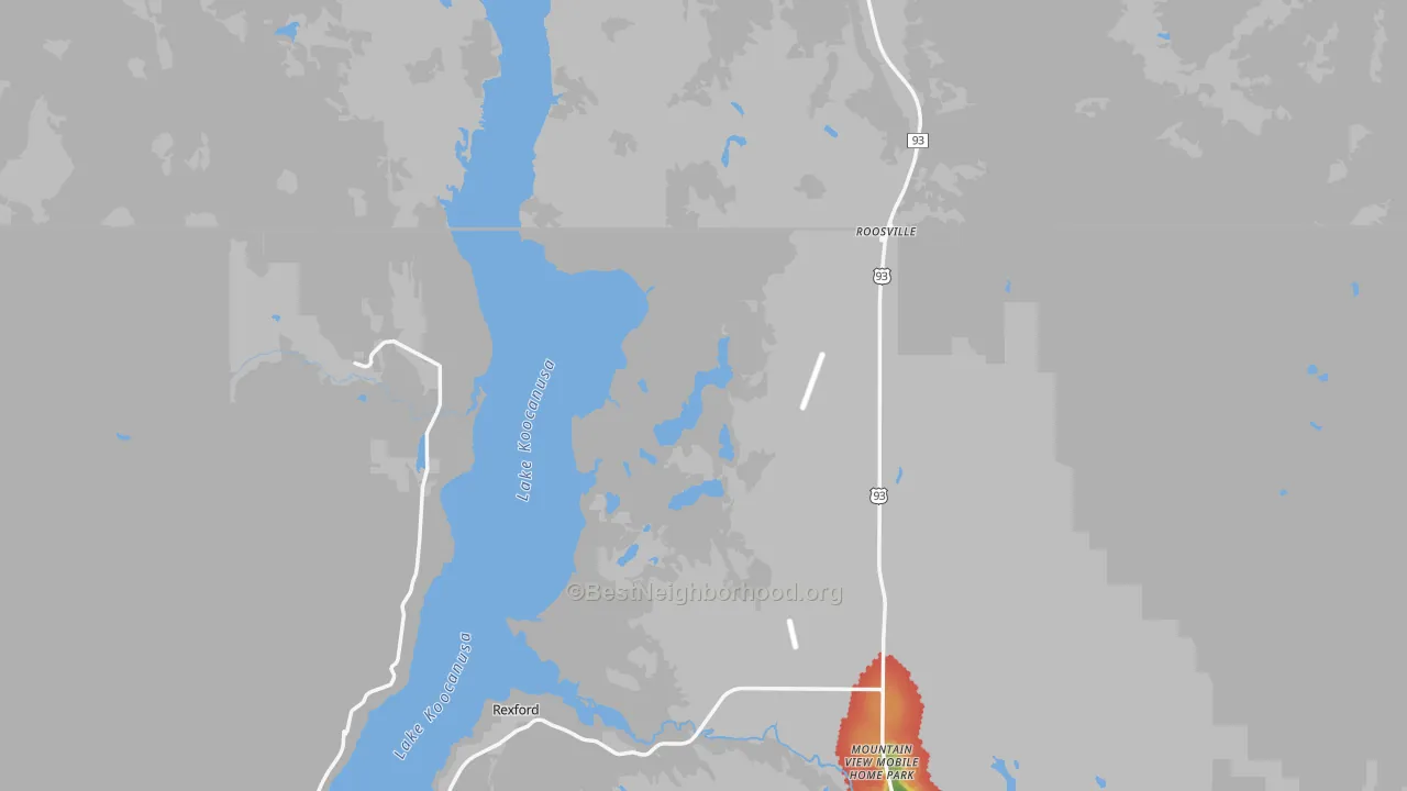 Walk Grade map of Roosville, MT, walkable areas in green and car-dependent areas in red