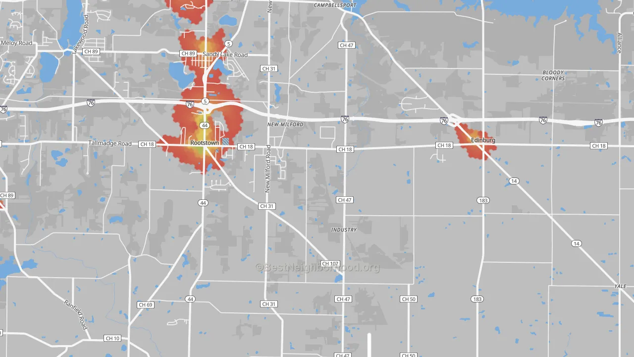 Walk Grade map of Rootstown, OH, walkable areas in green and car-dependent areas in red