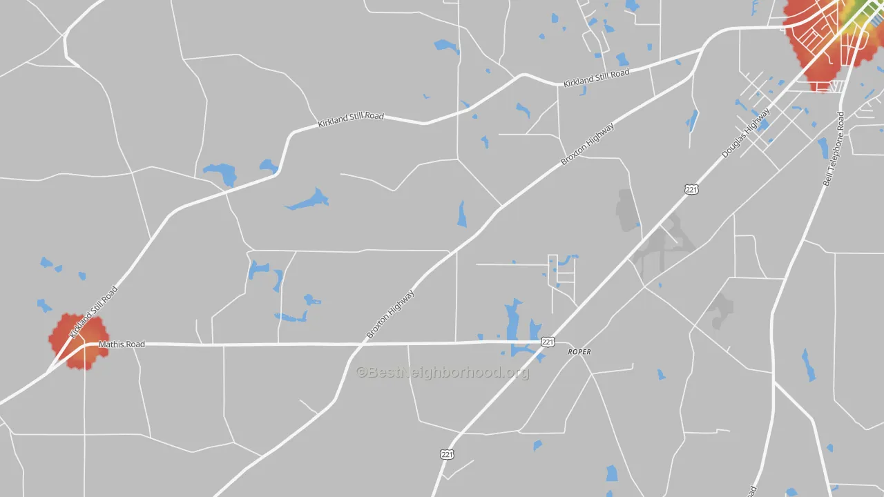 Walk Grade map of Roper, GA, walkable areas in green and car-dependent areas in red