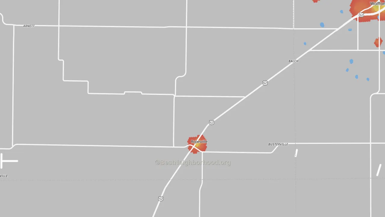 Walk Grade map of Ropesville, TX, walkable areas in green and car-dependent areas in red