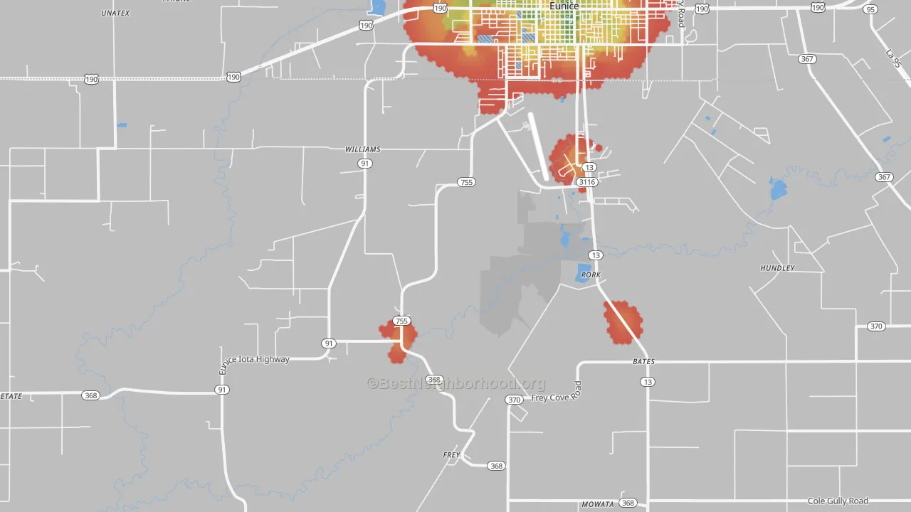 Walk Grade map of Rork, LA, walkable areas in green and car-dependent areas in red