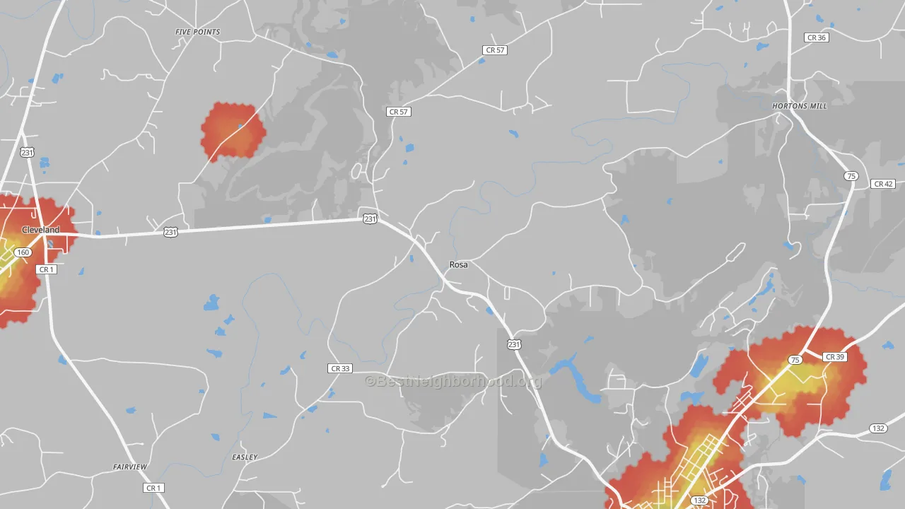 Walk Grade map of Rosa, AL, walkable areas in green and car-dependent areas in red