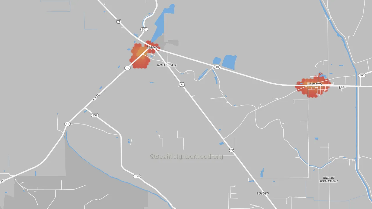 Walk Grade map of Rosa, LA, walkable areas in green and car-dependent areas in red