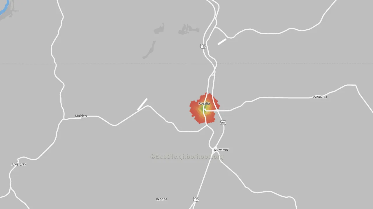 Walk Grade map of Rosalia, WA, walkable areas in green and car-dependent areas in red