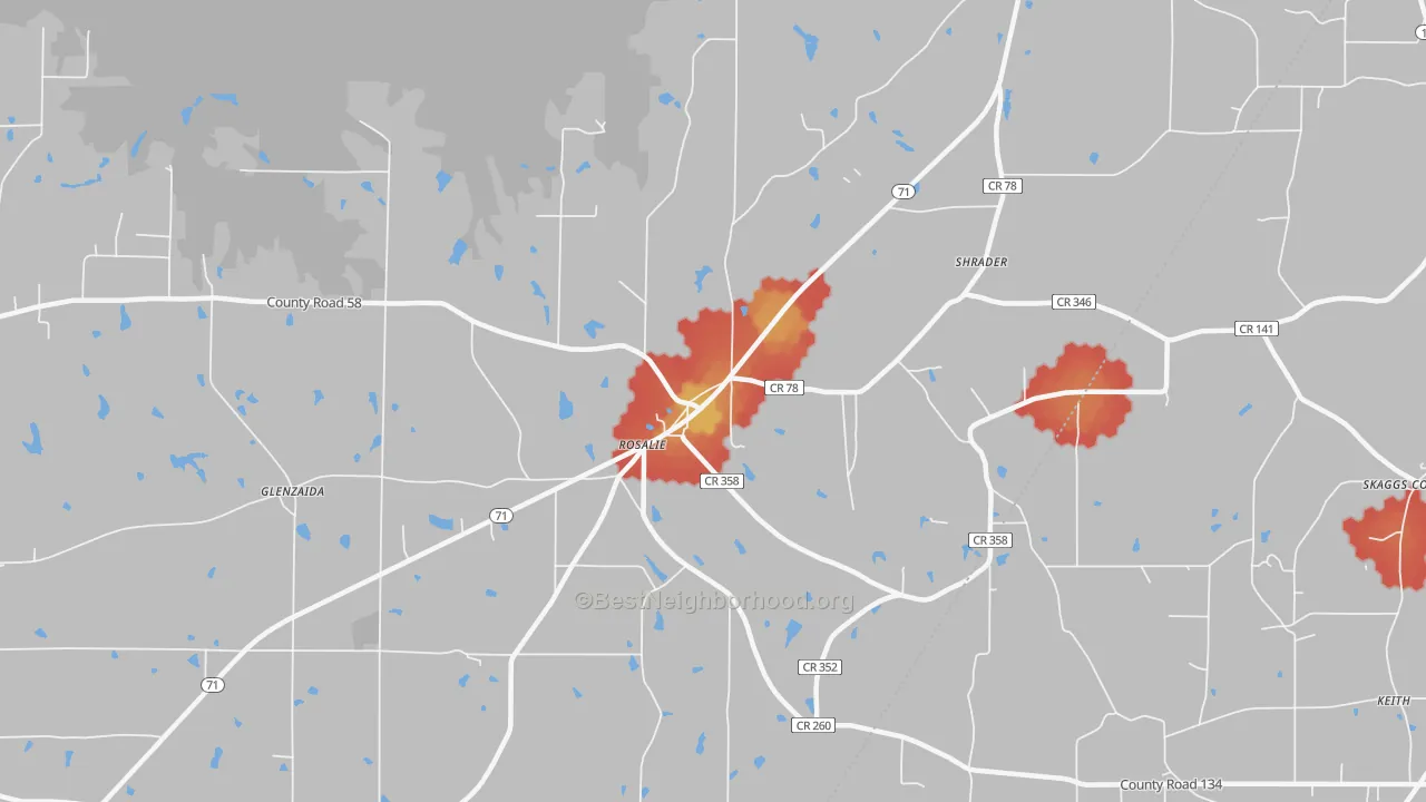 Walk Grade map of Rosalie, AL, walkable areas in green and car-dependent areas in red