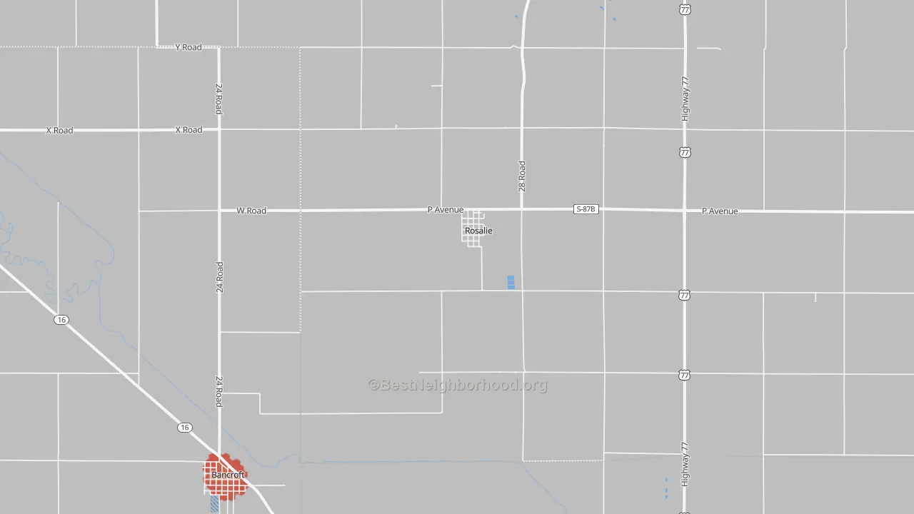 Walk Grade map of Rosalie, NE, walkable areas in green and car-dependent areas in red