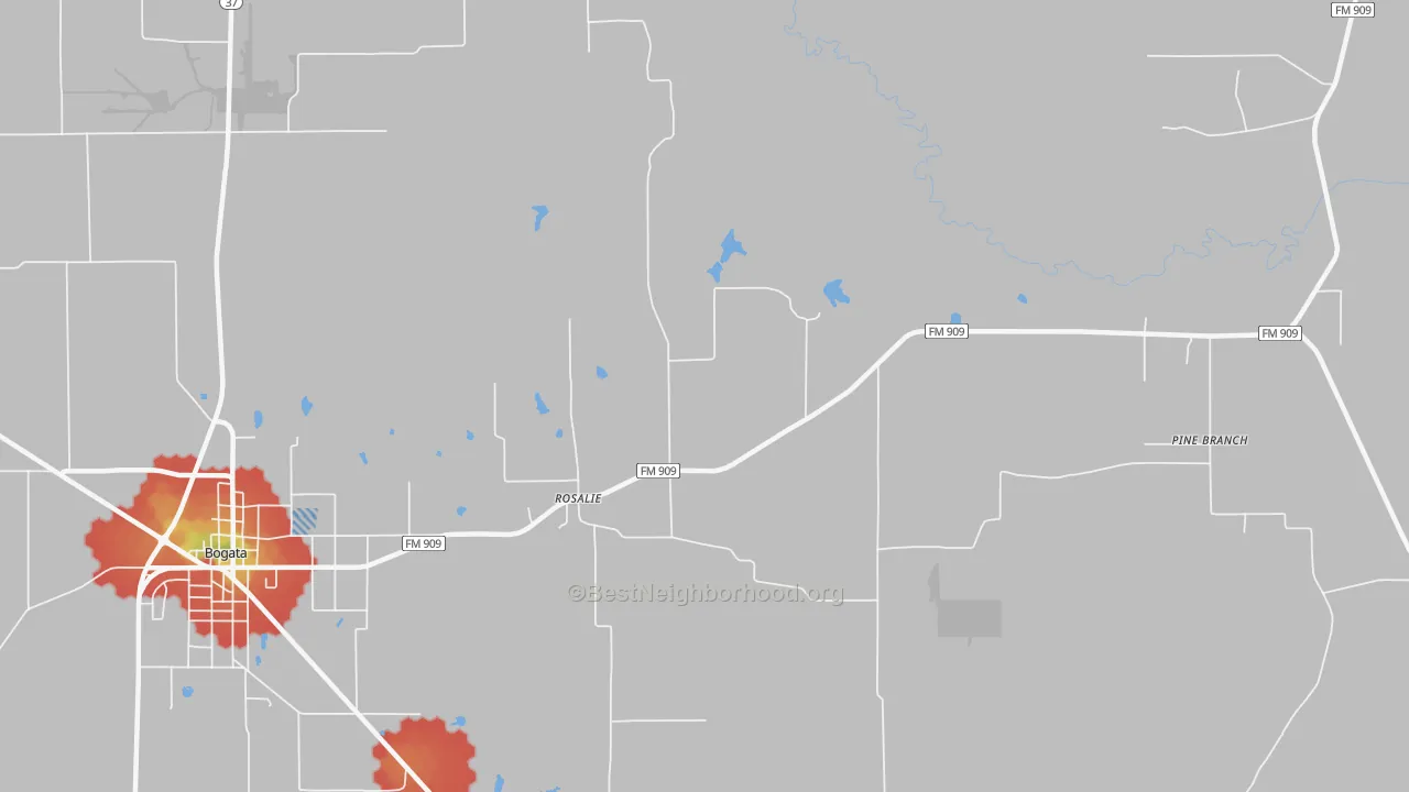 Walk Grade map of Rosalie, TX, walkable areas in green and car-dependent areas in red