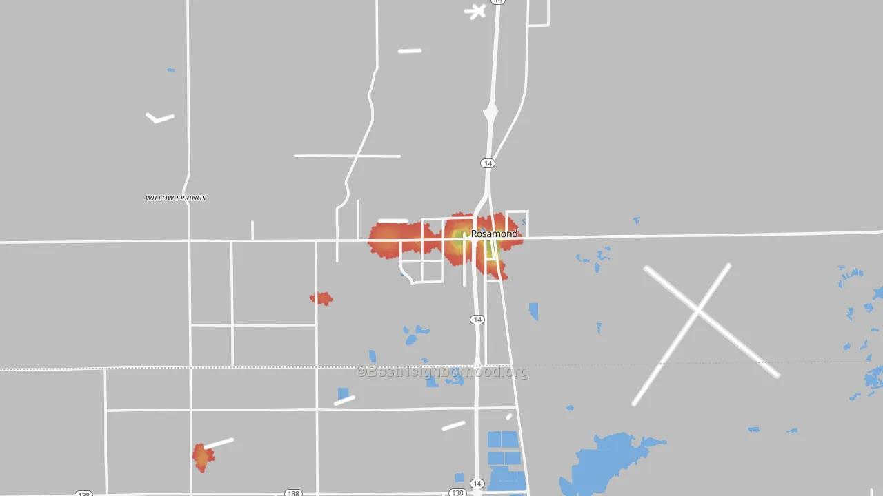 Walk Grade map of Rosamond, CA, walkable areas in green and car-dependent areas in red