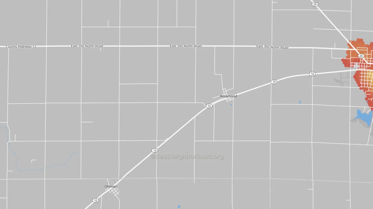 Walk Grade map of Rosamond, IL, walkable areas in green and car-dependent areas in red