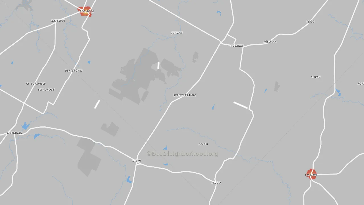 Walk Grade map of Rosanky, TX, walkable areas in green and car-dependent areas in red
