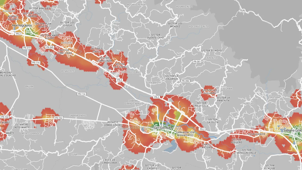 Walk Grade map of Rosario, PR, walkable areas in green and car-dependent areas in red