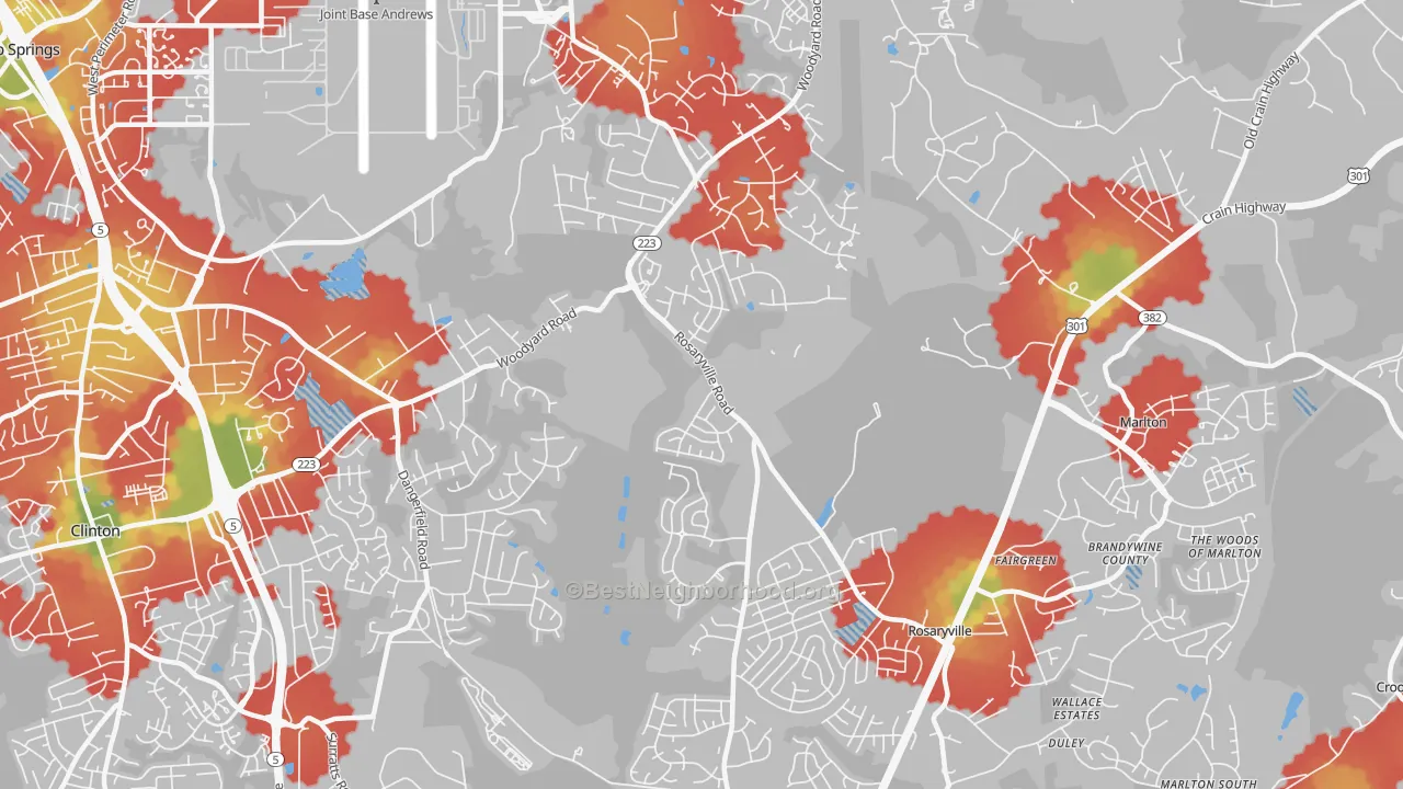 Walk Grade map of Rosaryville, MD, walkable areas in green and car-dependent areas in red