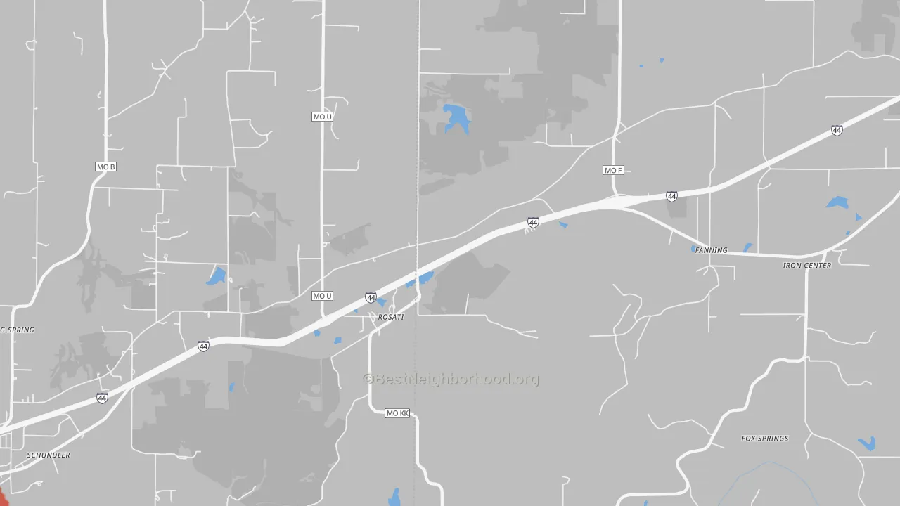 Walk Grade map of Rosati, MO, walkable areas in green and car-dependent areas in red