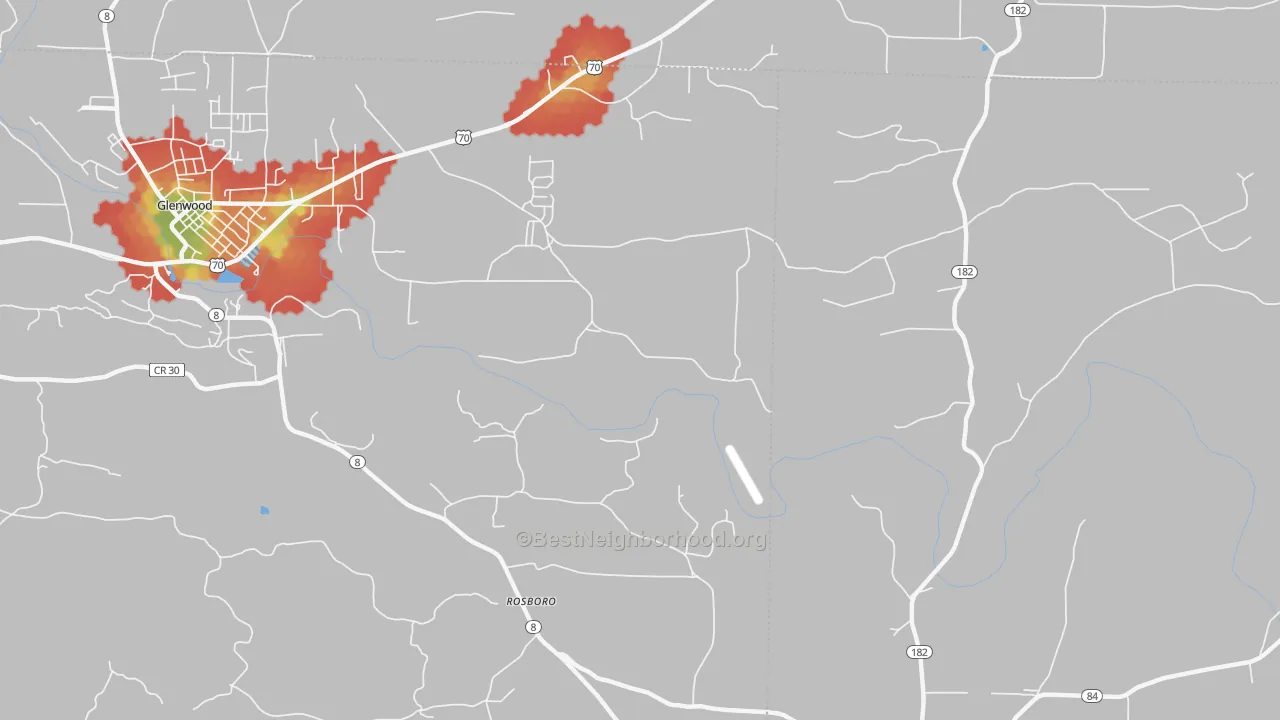 Walk Grade map of Rosboro, AR, walkable areas in green and car-dependent areas in red