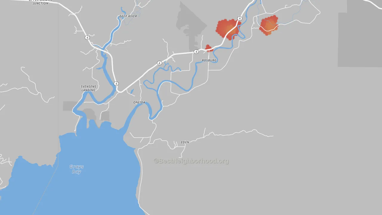 Walk Grade map of Rosburg, WA, walkable areas in green and car-dependent areas in red