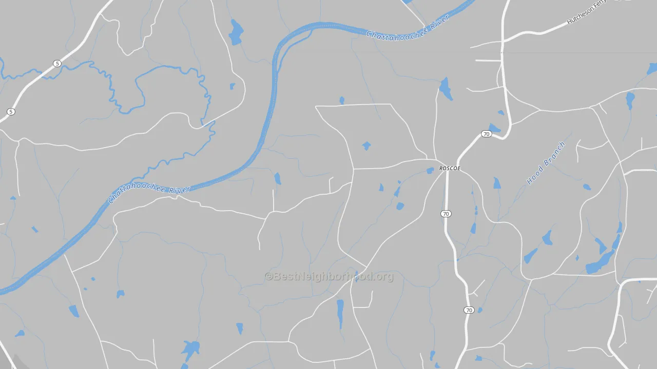 Walk Grade map of Roscoe, GA, walkable areas in green and car-dependent areas in red