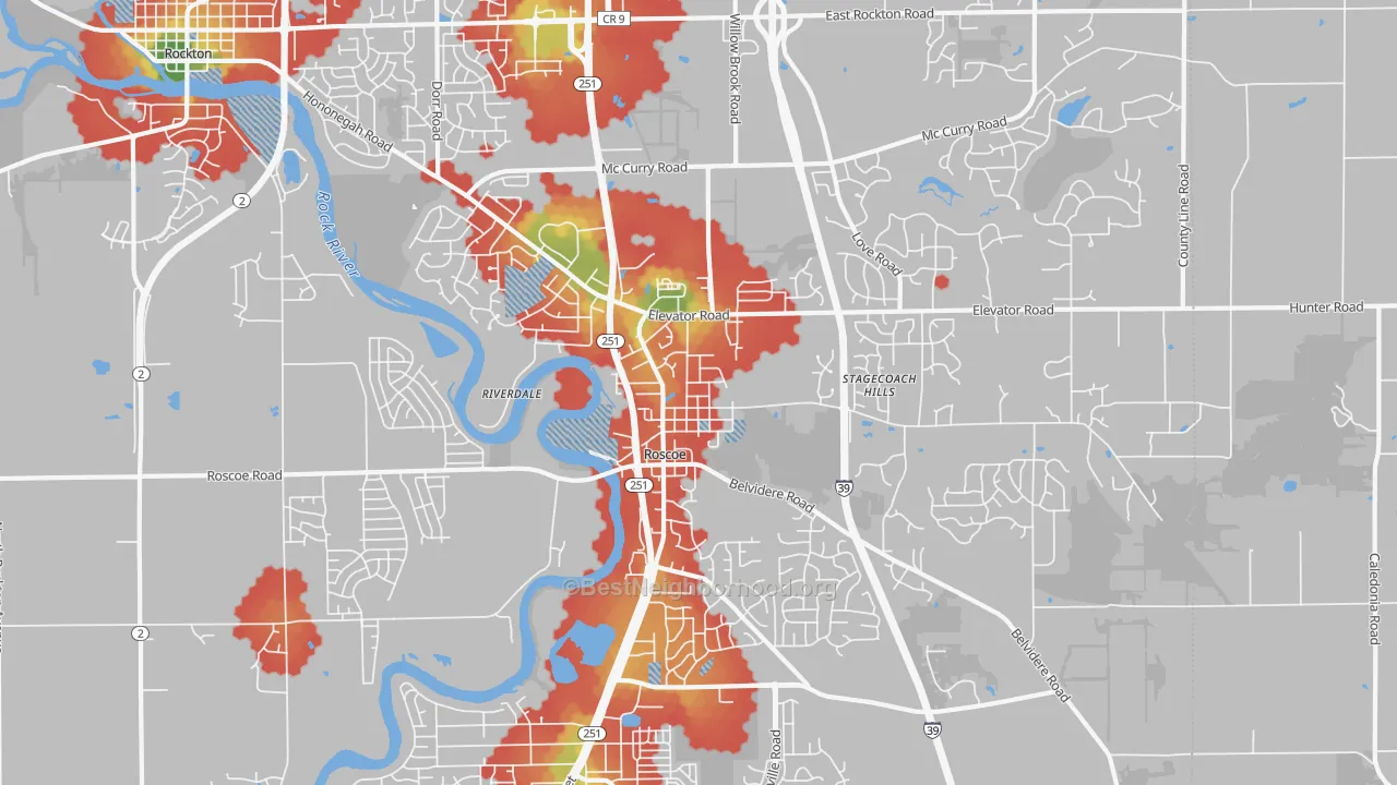 Walk Grade map of Roscoe, IL, walkable areas in green and car-dependent areas in red