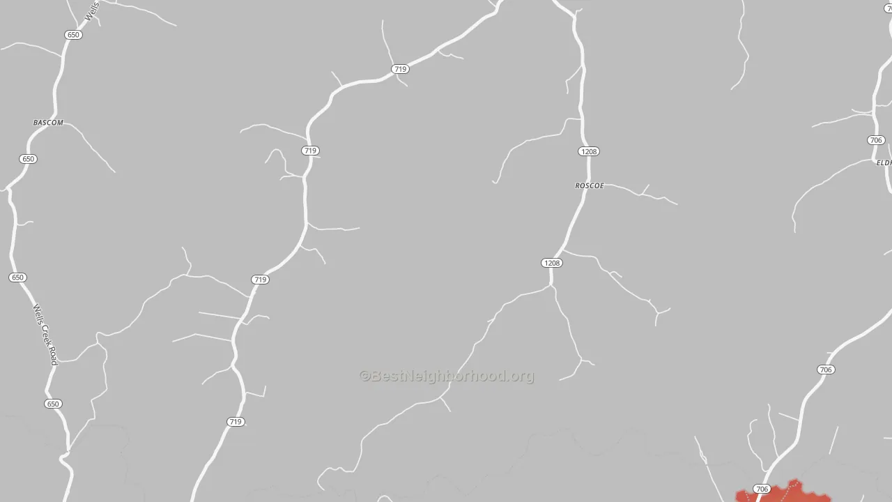 Walk Grade map of Roscoe, KY, walkable areas in green and car-dependent areas in red