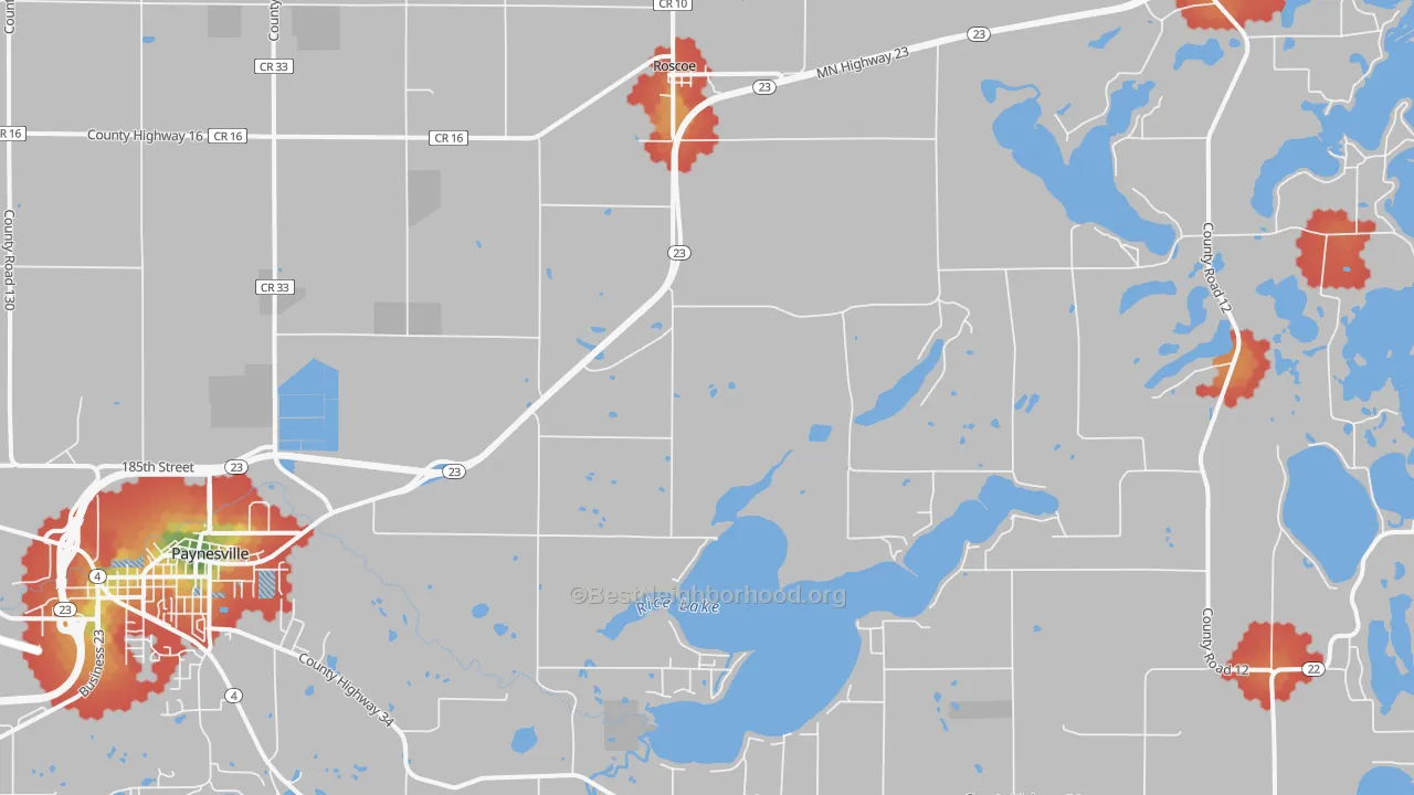Walk Grade map of Roscoe, MN, walkable areas in green and car-dependent areas in red