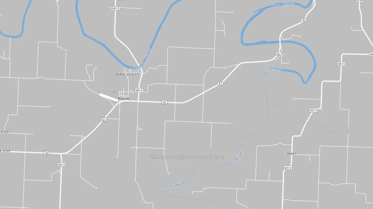 Walk Grade map of Roscoe, MO, walkable areas in green and car-dependent areas in red