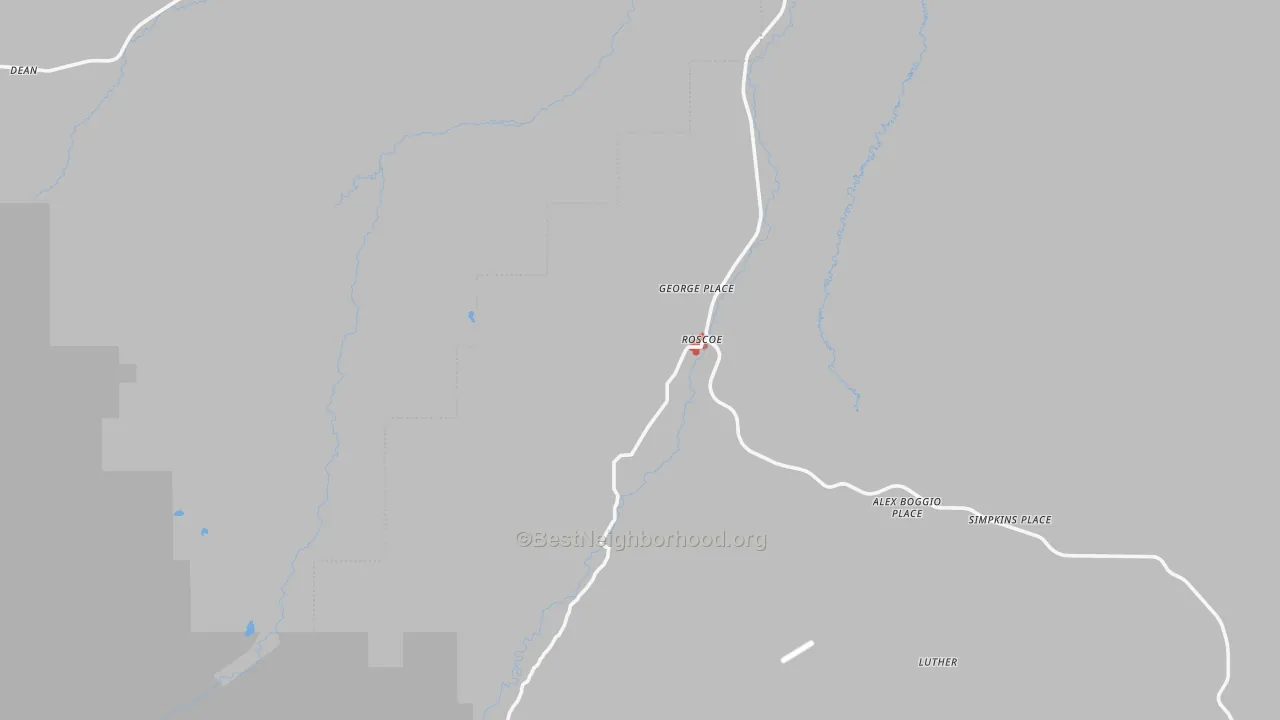 Walk Grade map of Roscoe, MT, walkable areas in green and car-dependent areas in red