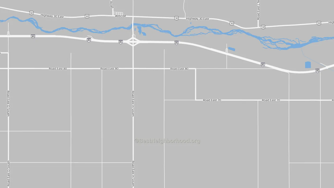 Walk Grade map of Roscoe, NE, walkable areas in green and car-dependent areas in red