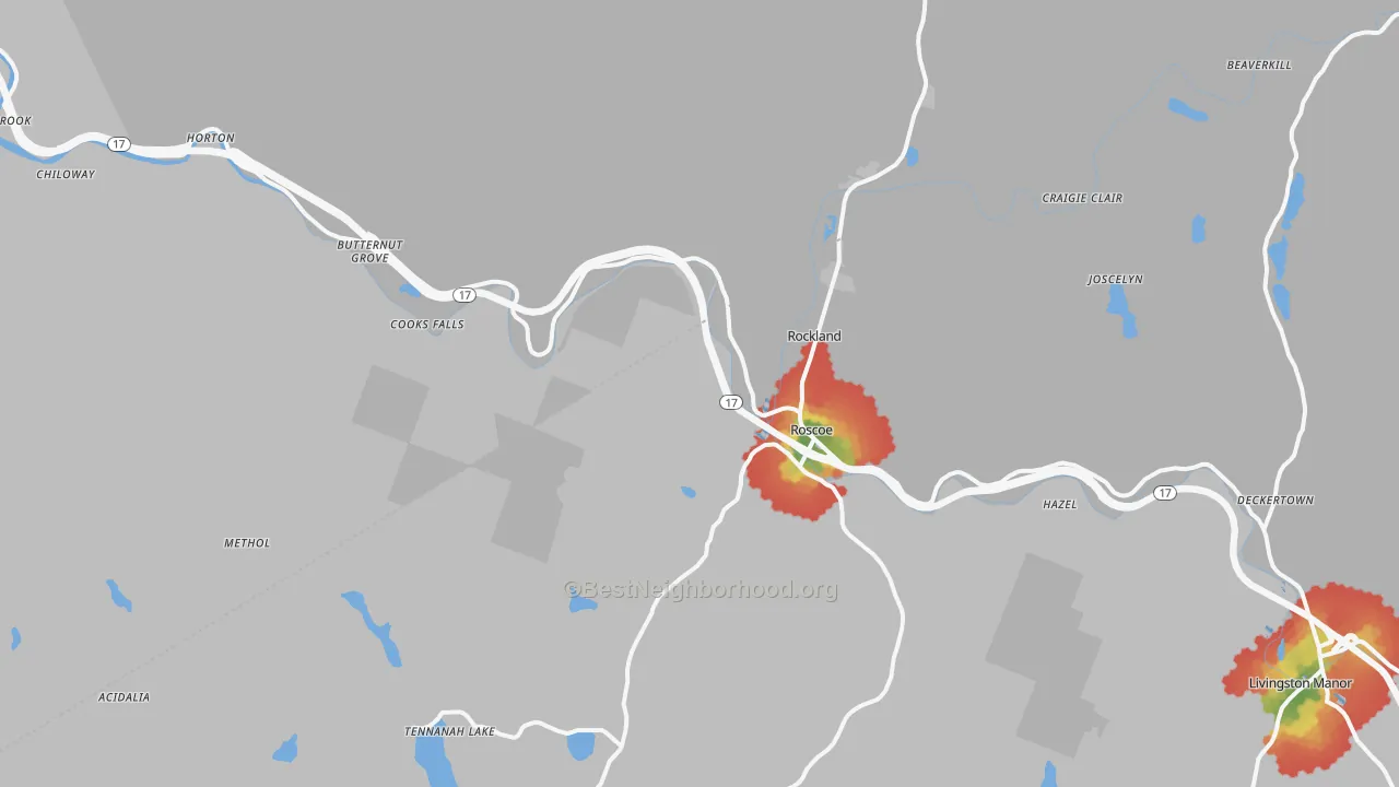 Walk Grade map of Roscoe, NY, walkable areas in green and car-dependent areas in red