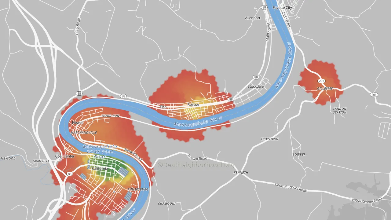 Walk Grade map of Roscoe, PA, walkable areas in green and car-dependent areas in red