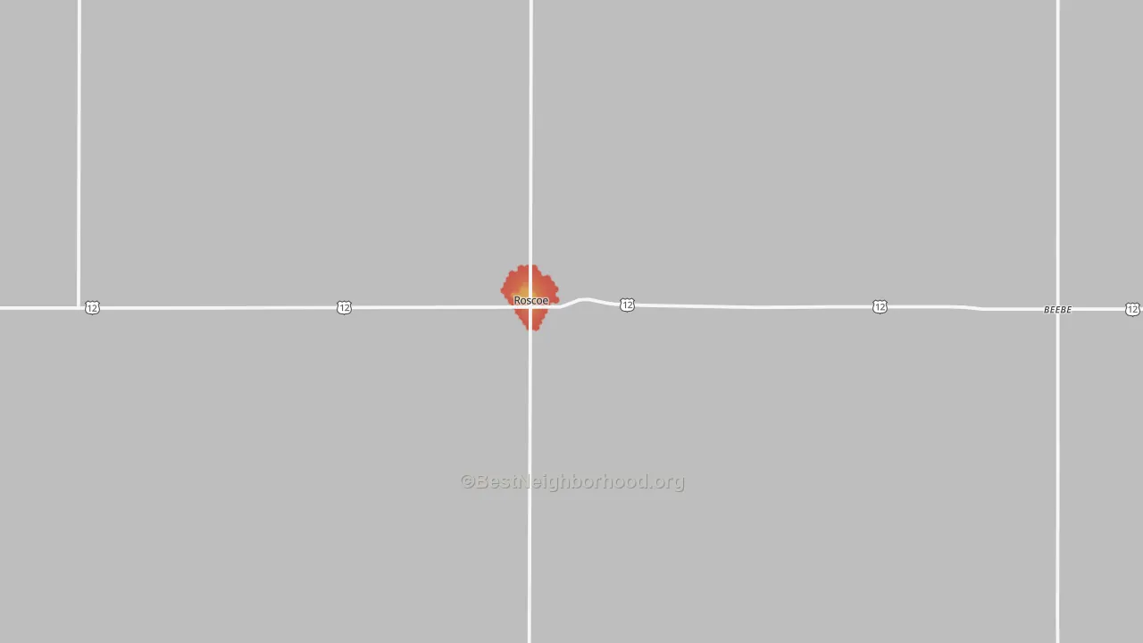 Walk Grade map of Roscoe, SD, walkable areas in green and car-dependent areas in red