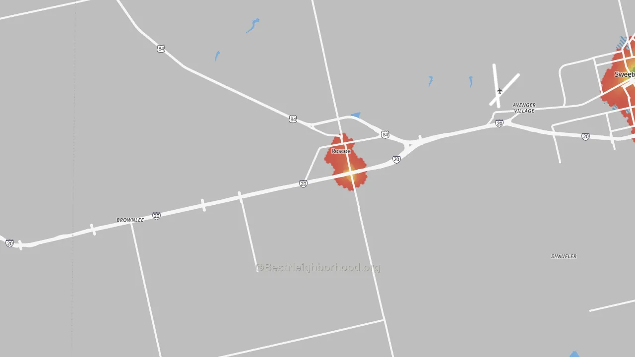 Walk Grade map of Roscoe, TX, walkable areas in green and car-dependent areas in red