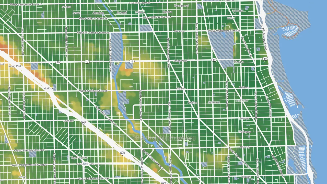 Walk Grade map of Roscoe Village, Chicago, IL, walkable areas in green and car-dependent areas in red