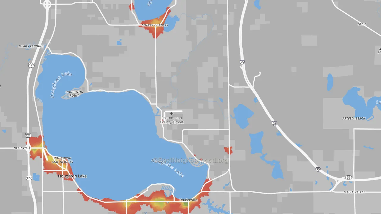 Walk Grade map of Roscommon County, MI, walkable areas in green and car-dependent areas in red