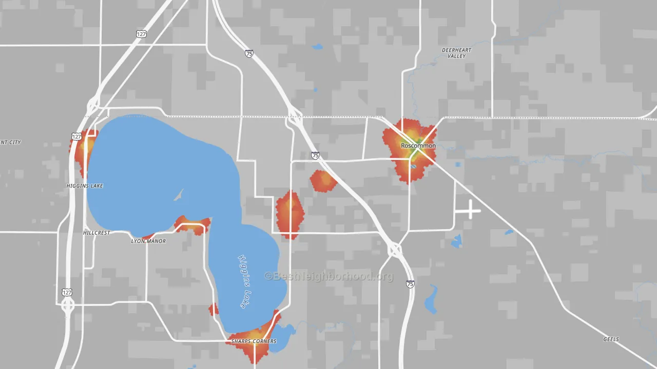 Walk Grade map of Roscommon, MI, walkable areas in green and car-dependent areas in red