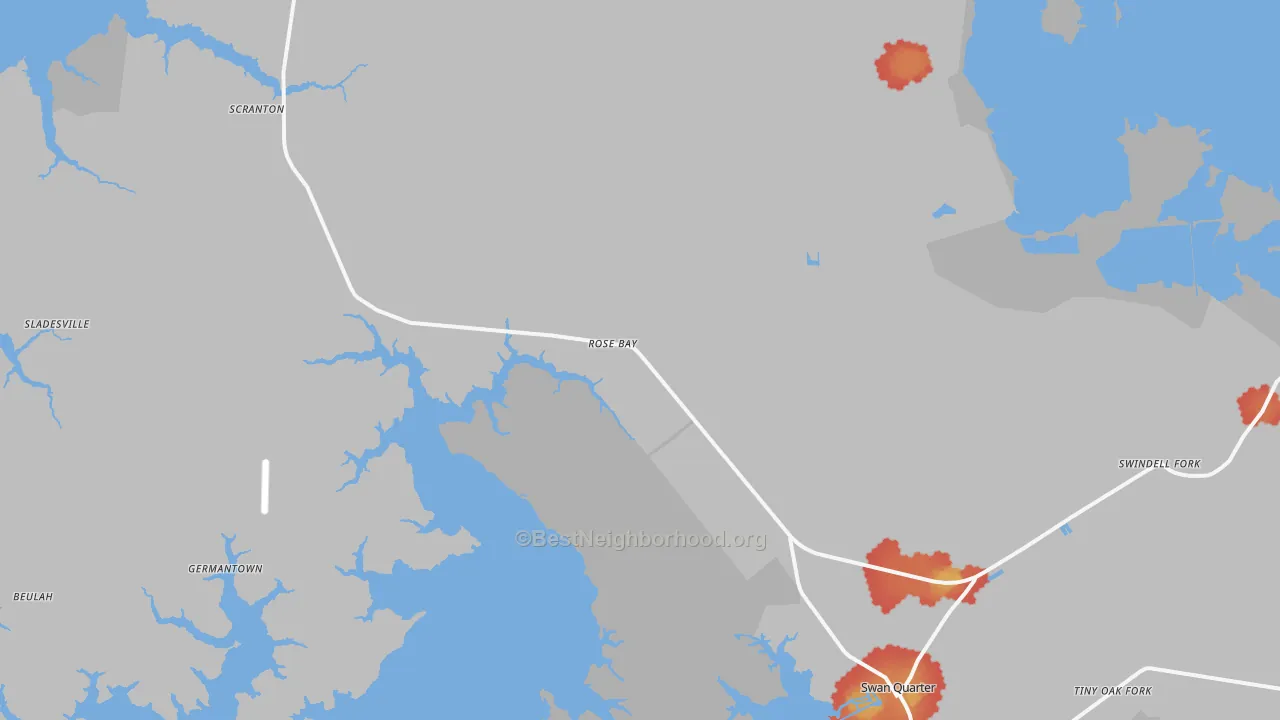 Walk Grade map of Rose Bay, NC, walkable areas in green and car-dependent areas in red