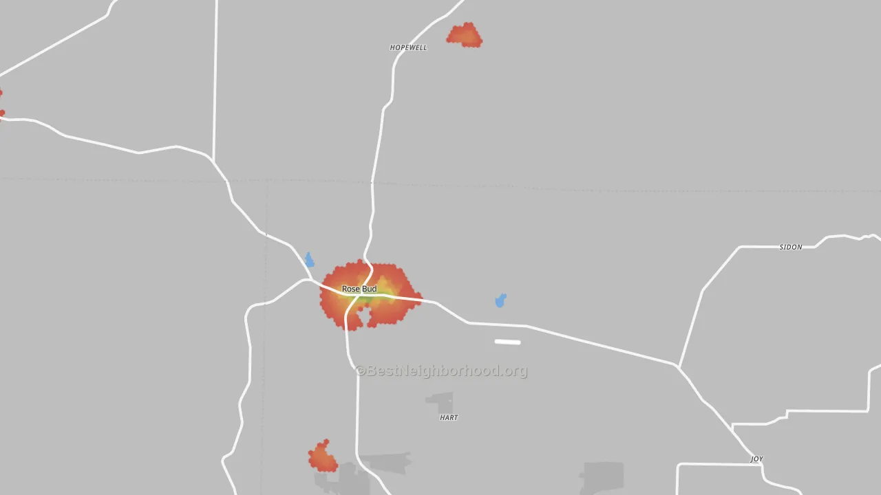Walk Grade map of Rose Bud, AR, walkable areas in green and car-dependent areas in red