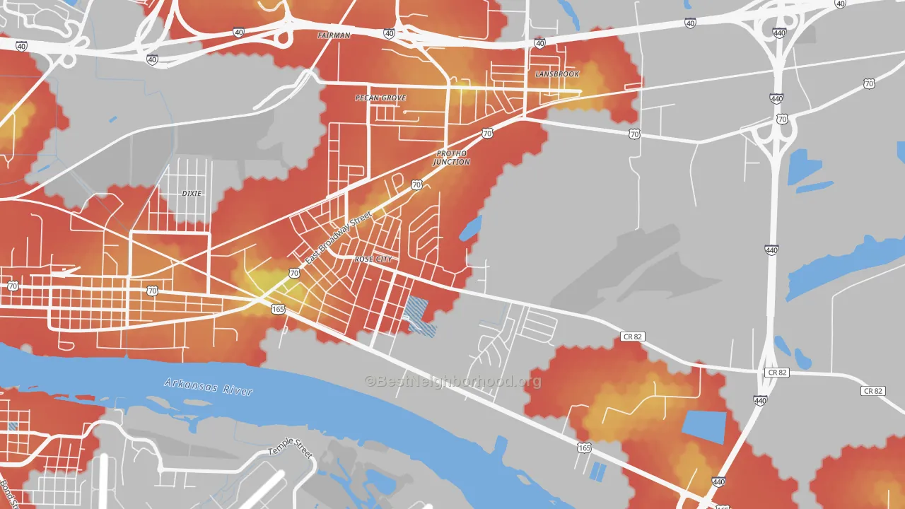 Walk Grade map of Rose City, AR, walkable areas in green and car-dependent areas in red