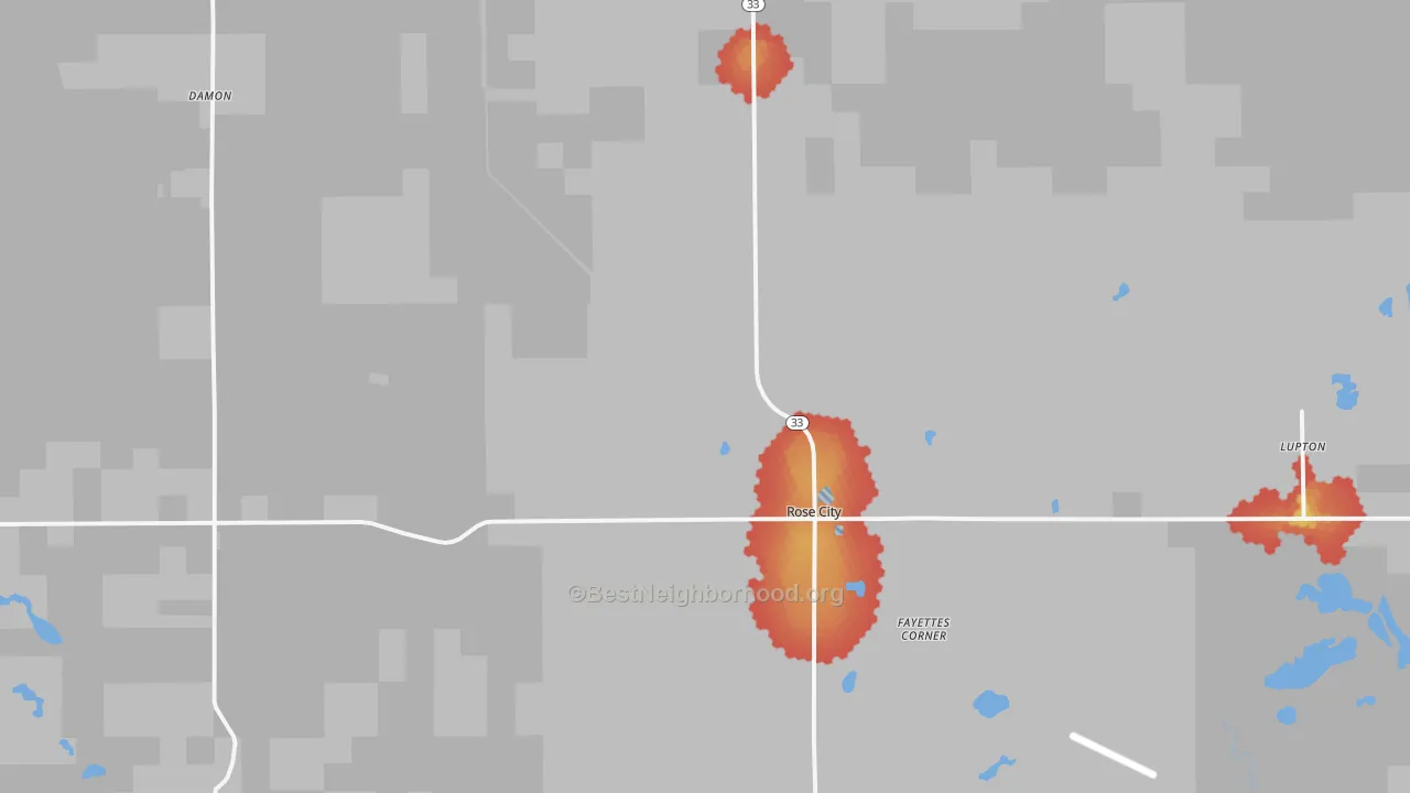 Walk Grade map of Rose City, MI, walkable areas in green and car-dependent areas in red