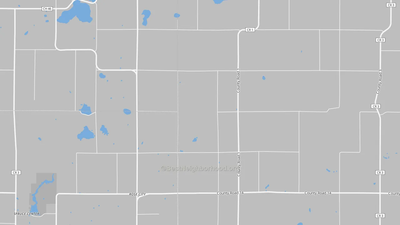 Walk Grade map of Rose City, MN, walkable areas in green and car-dependent areas in red