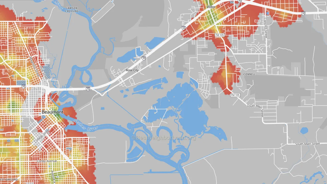 Walk Grade map of Rose City, TX, walkable areas in green and car-dependent areas in red