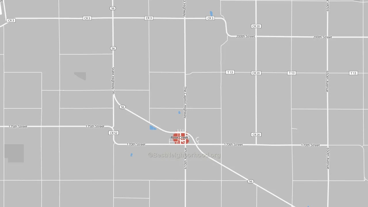 Walk Grade map of Rose Creek, MN, walkable areas in green and car-dependent areas in red