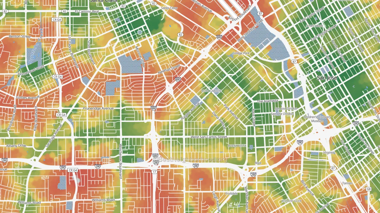 Walk Grade map of Rose Garden, San Jose, CA, walkable areas in green and car-dependent areas in red