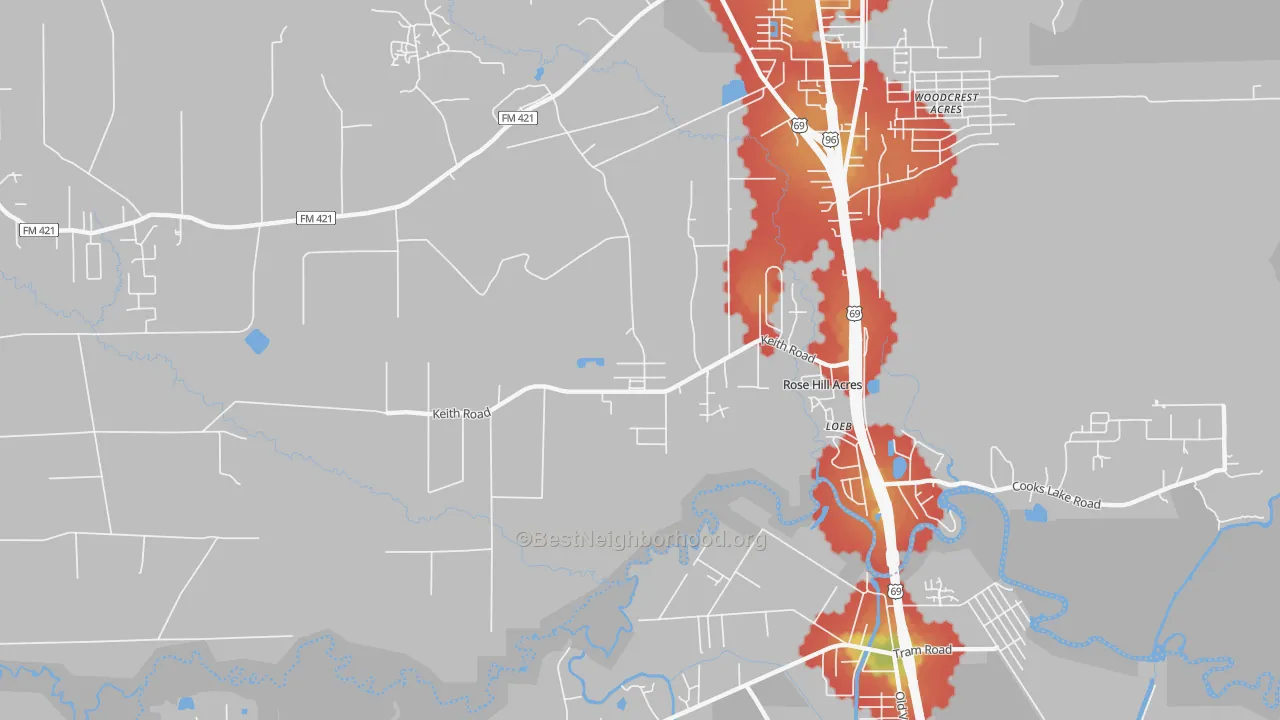 Walk Grade map of Rose Hill Acres, TX, walkable areas in green and car-dependent areas in red