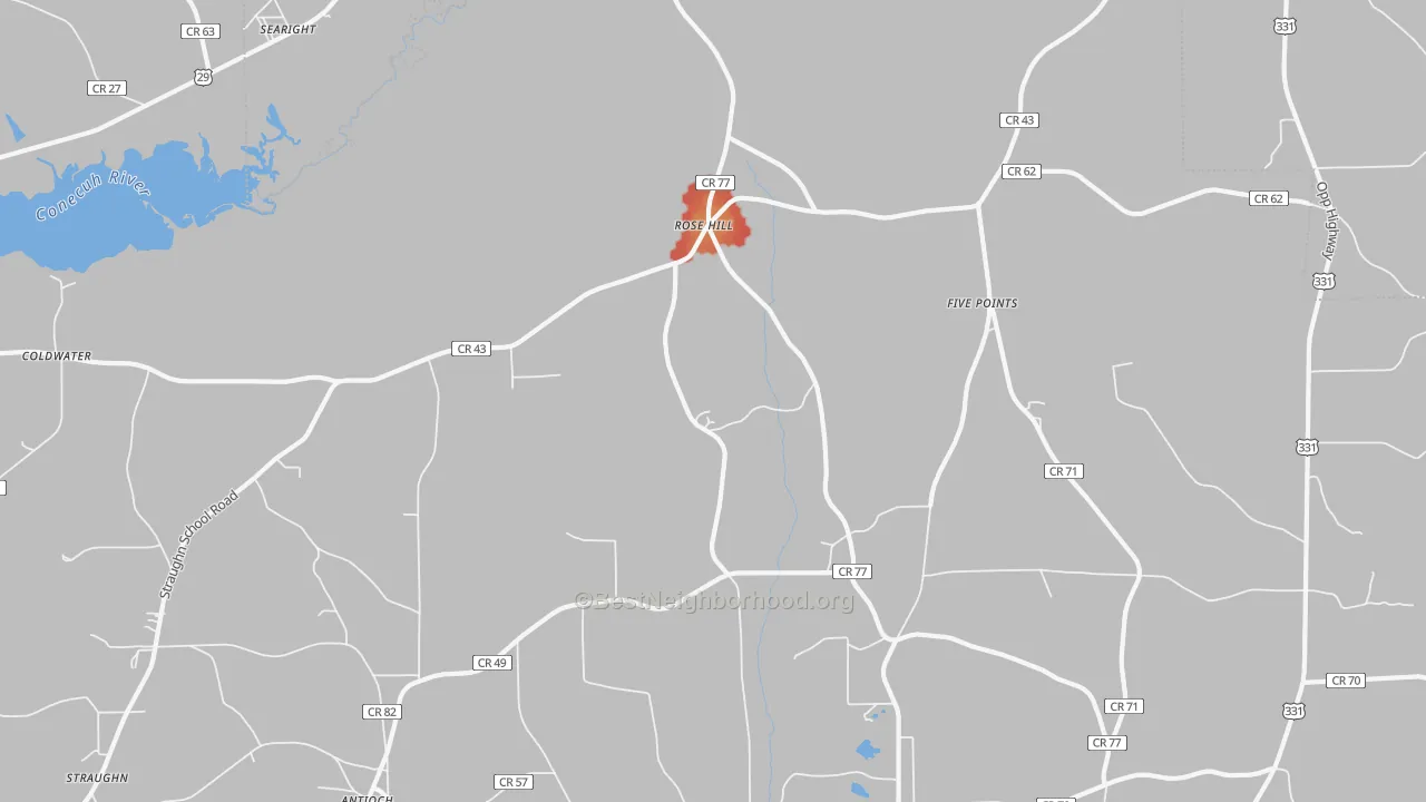 Walk Grade map of Rose Hill, AL, walkable areas in green and car-dependent areas in red