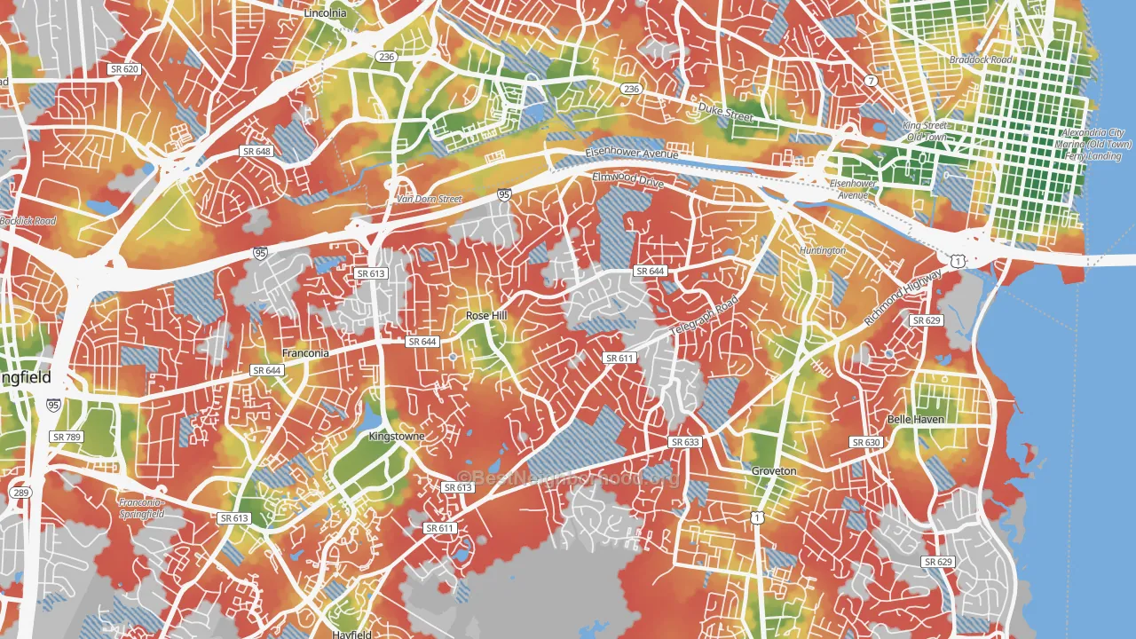 Walk Grade map of Rose Hill, Alexandria, VA, walkable areas in green and car-dependent areas in red