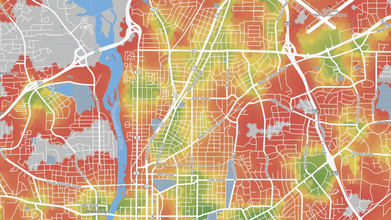 Walk Grade map of Rose Hill, Columbus, GA, walkable areas in green and car-dependent areas in red