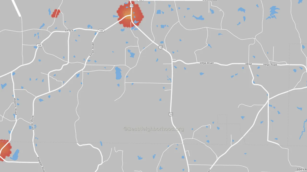 Walk Grade map of Rose Hill, GA, walkable areas in green and car-dependent areas in red